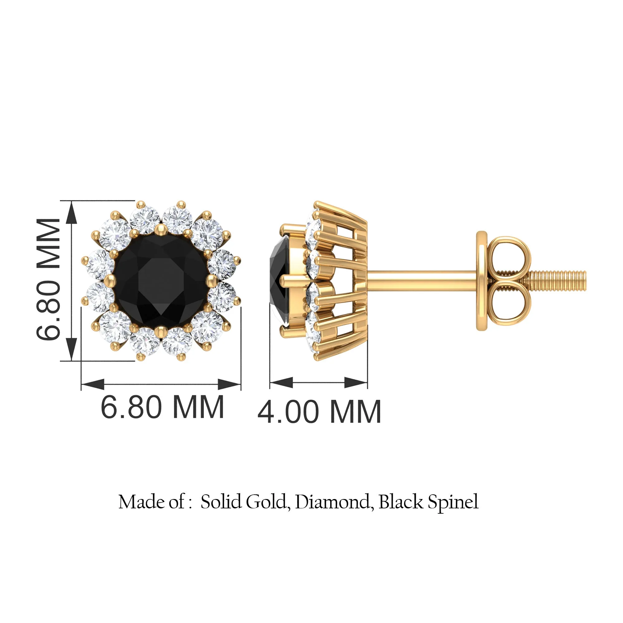 1 CT Classic Black Spinel and Diamond Halo Stud Earrings