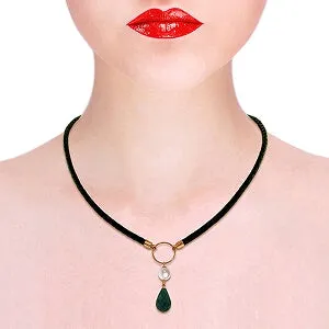 10.8 Carat 14K Solid Rose Gold Leather Necklace Pearl Emerald