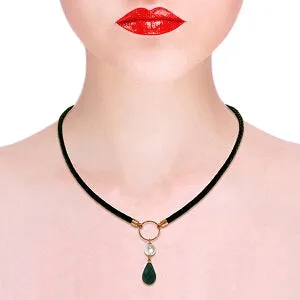 10.8 Carat 14K Solid Rose Gold Leather Necklace Pearl Emerald