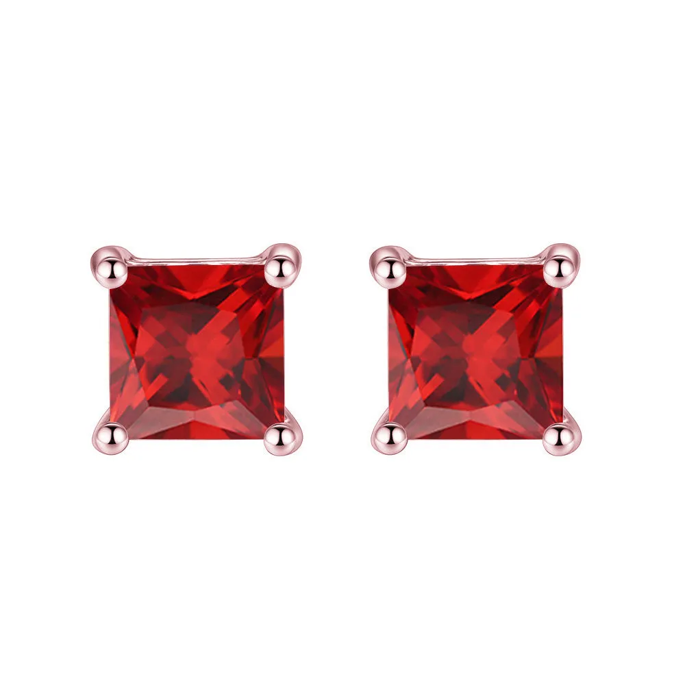 10k Rose Gold Plated 2 Ct Princess Cut Created Ruby Stud Earrings