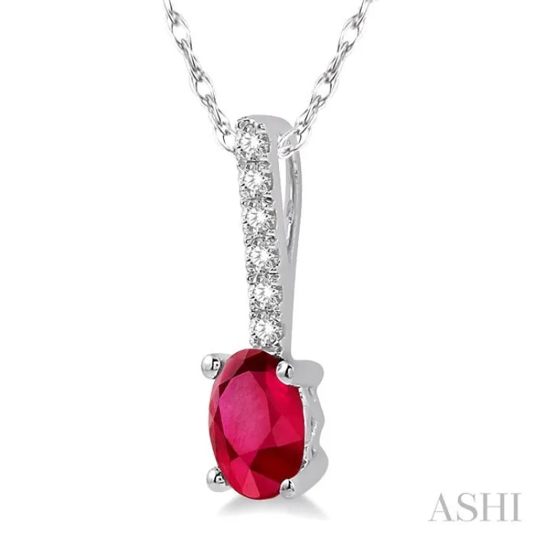 1/20 Ctw Round Cut Diamond and Oval Cut 6x4 MM Ruby Precious Pendant in 10K White Gold with chain