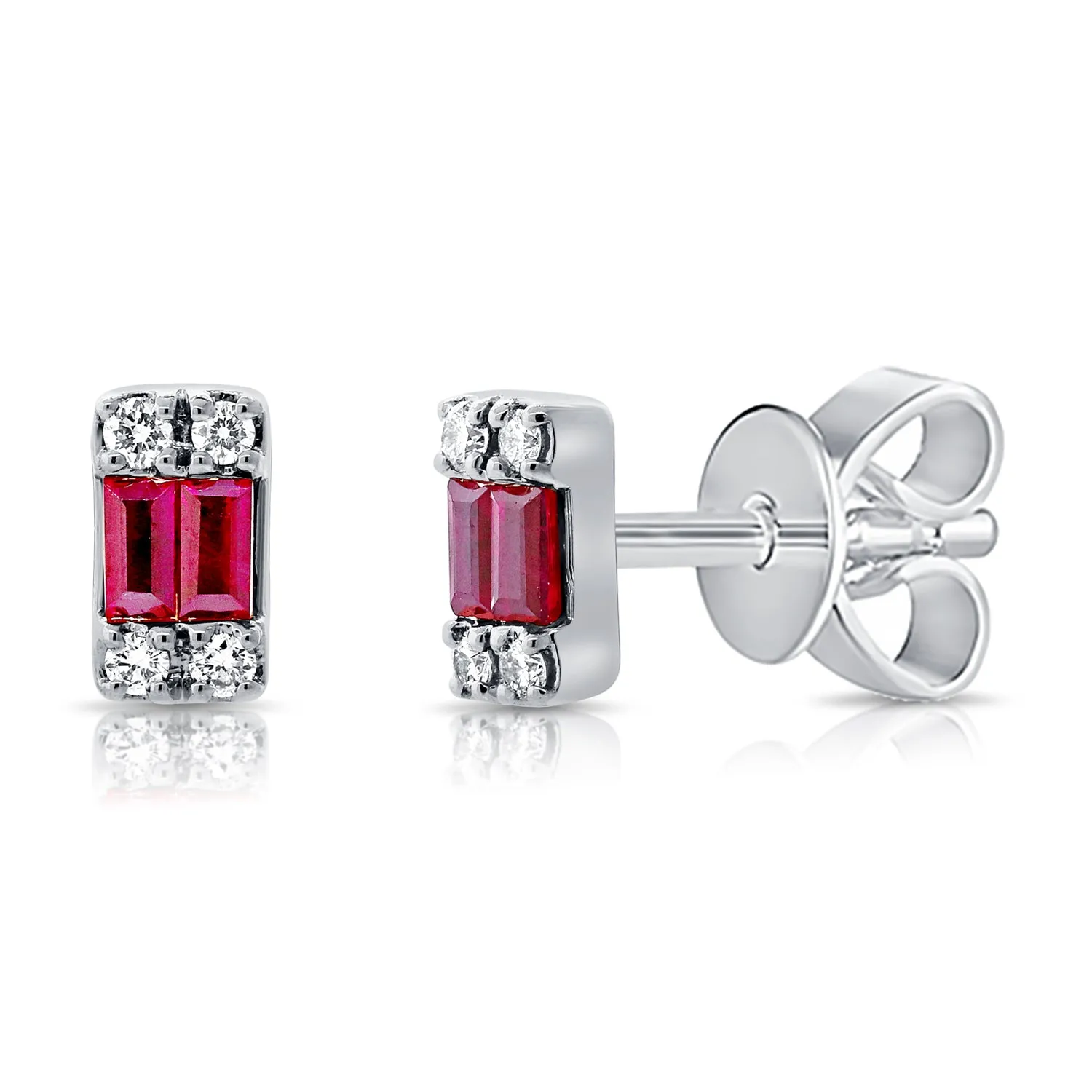 14K Gold Diamond & Baguette Ruby Tiny Stud Earrings