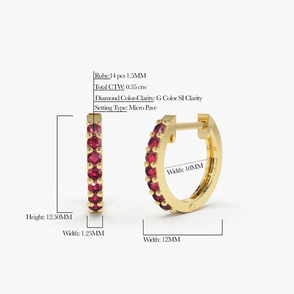 14K Gold Ruby Huggie Hoop Earrings