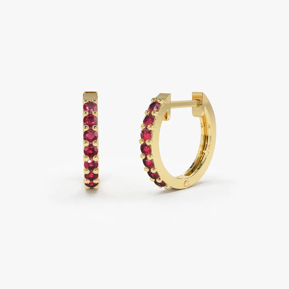 14K Gold Ruby Huggie Hoop Earrings