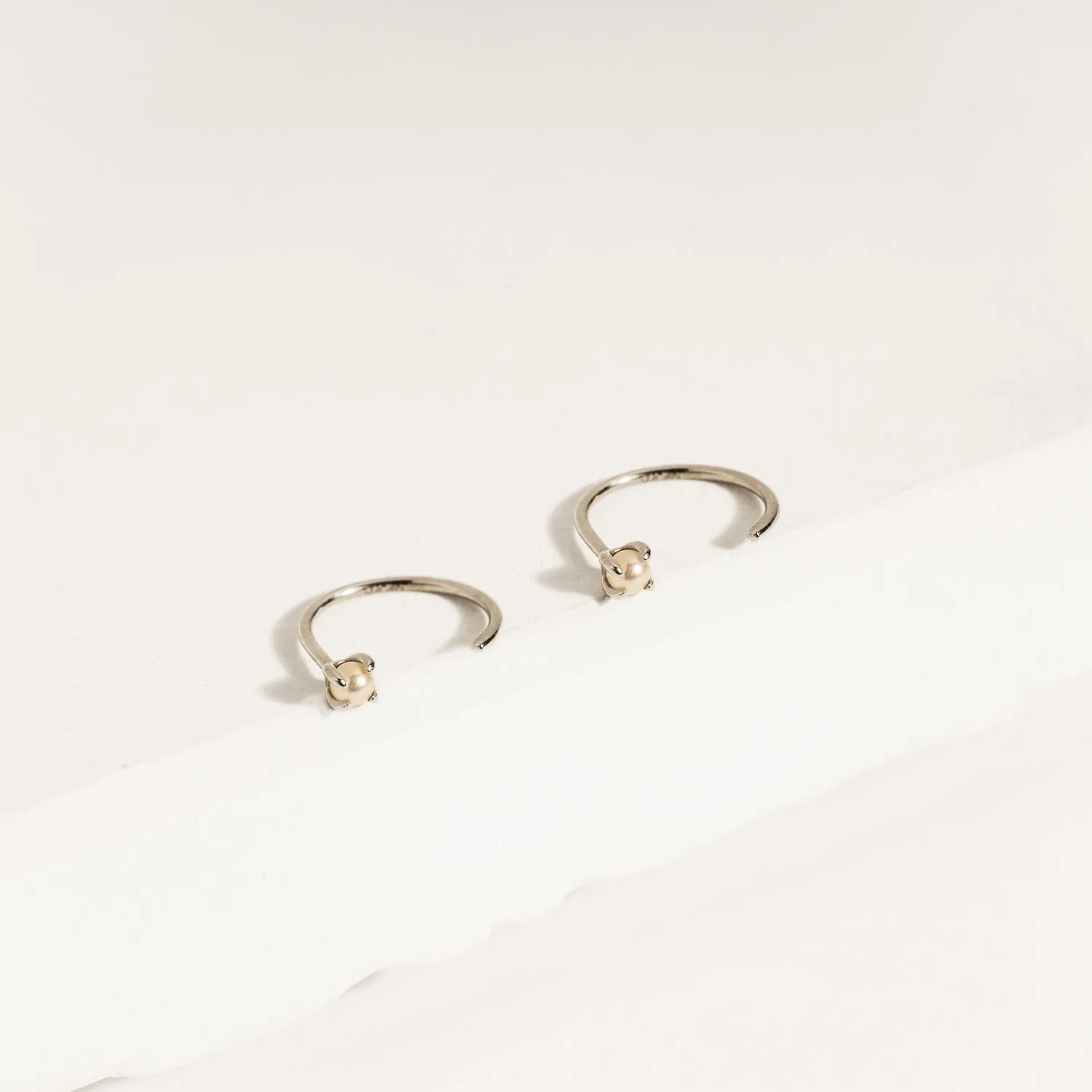 14K Solid Gold Pearl Open Huggie Earrings