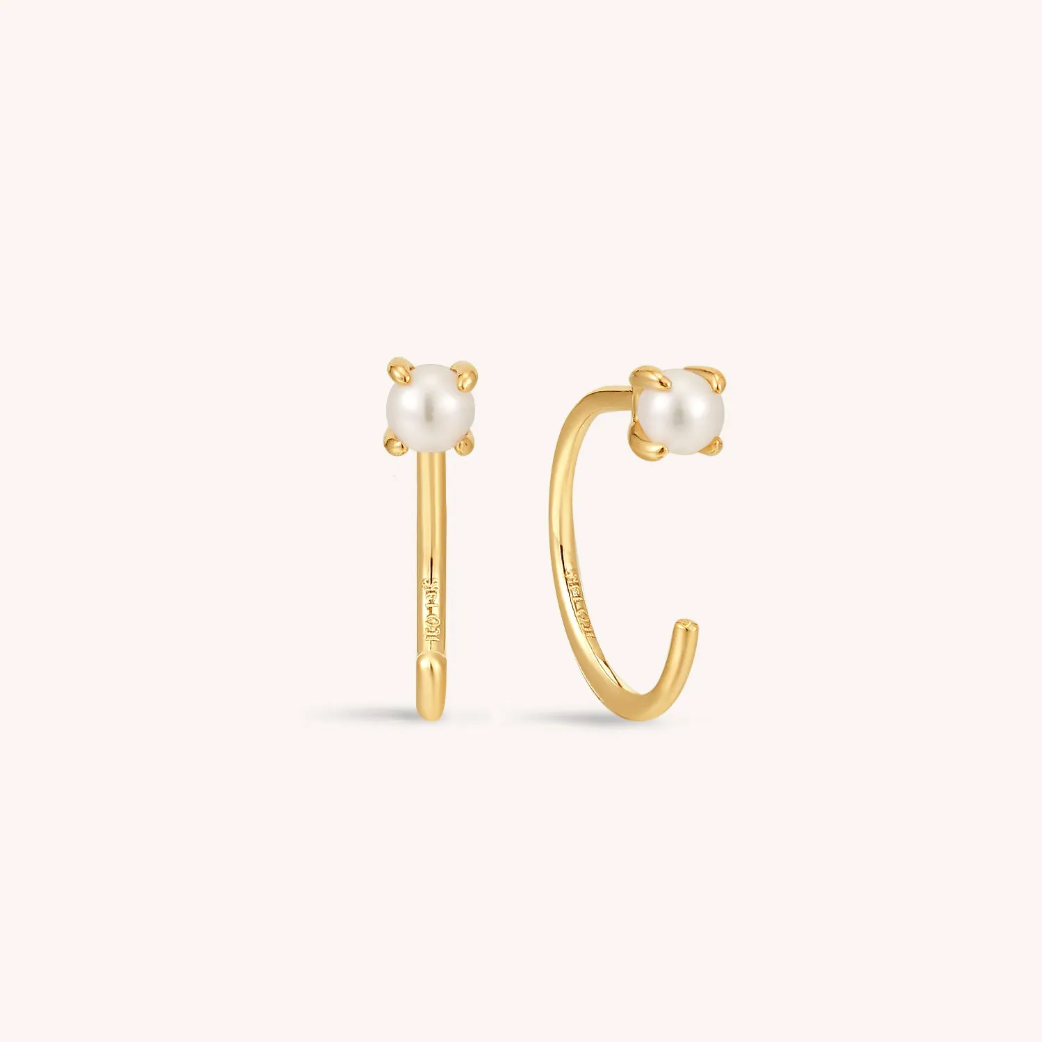 14K Solid Gold Pearl Open Huggie Earrings