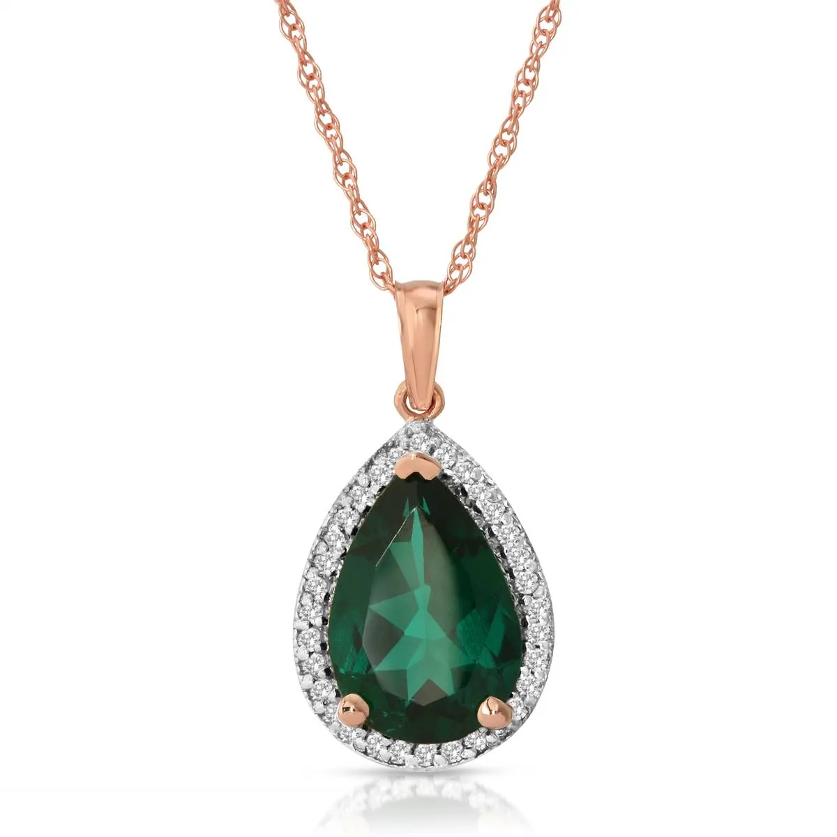 14K Solid Rose Gold Necklace With Natural Diamonds & Genuine Emerald 3.16 ctw High Polished Brilliant Cut - Grade AAA