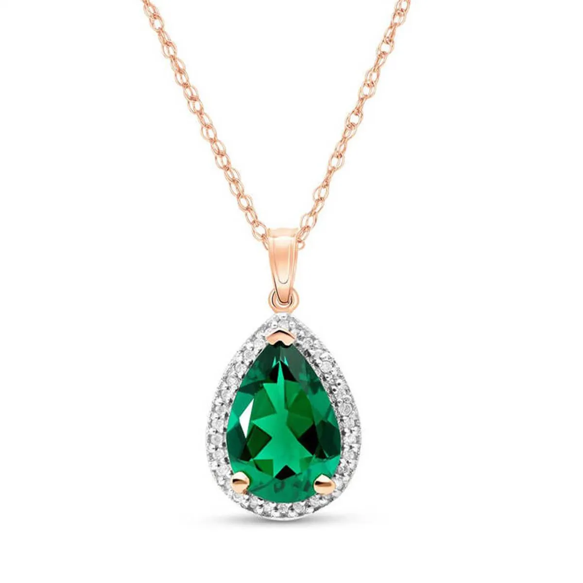 14K Solid Rose Gold Necklace With Natural Diamonds & Genuine Emerald 3.16 ctw High Polished Brilliant Cut - Grade AAA