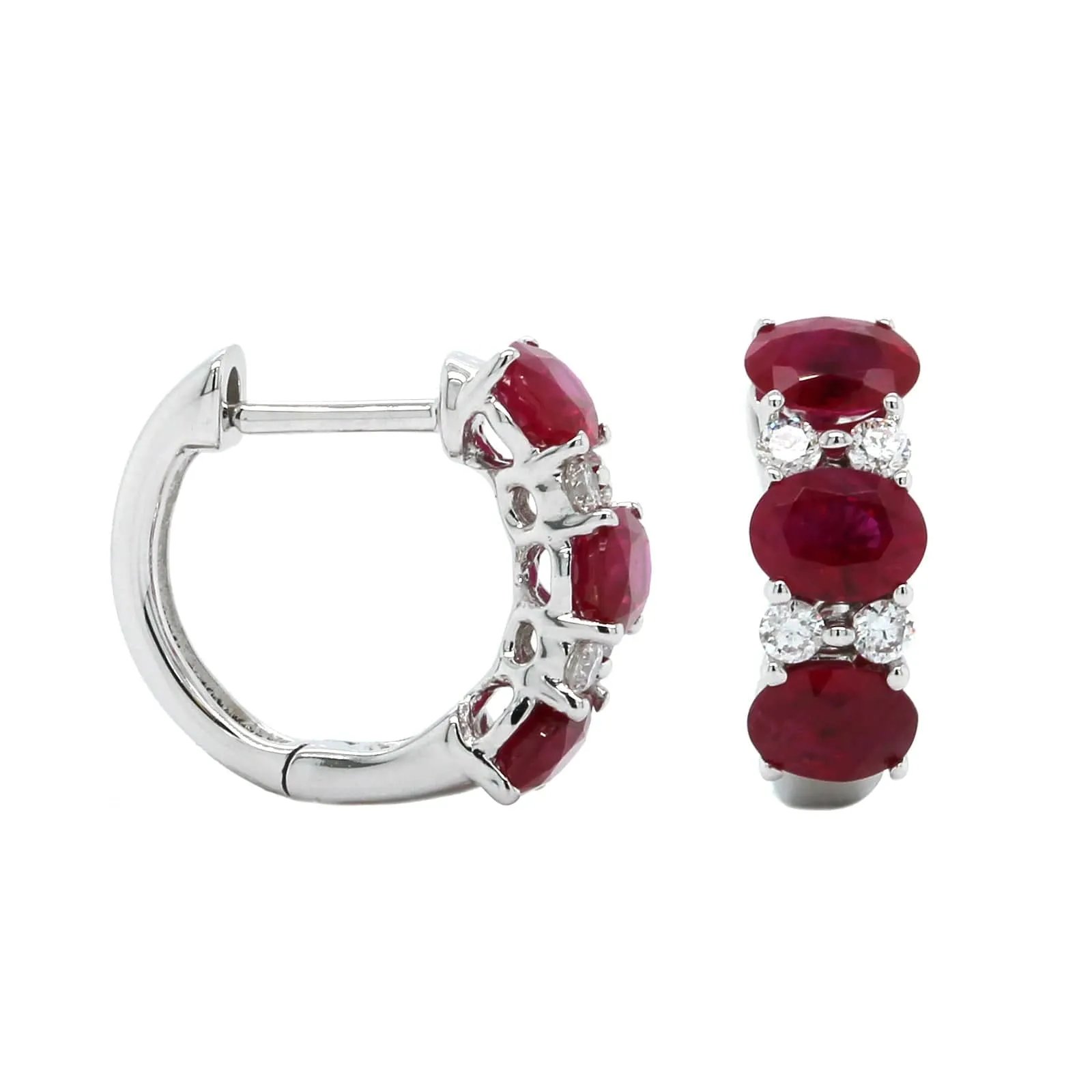 14K White Gold Alternating Diamond & Ruby Huggie Earrings