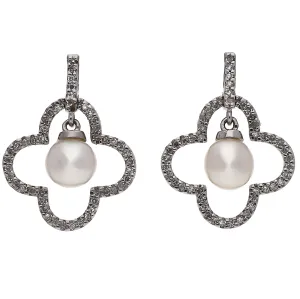 14K White Gold Diamond and Pearl Dangle Earrings