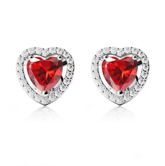 14k White Gold Plated 2 Ct Created Halo Heart Ruby Stud Earrings