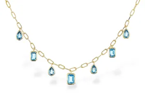 14K Yellow Gold Blue Topaz Dangle Paperclip Necklace