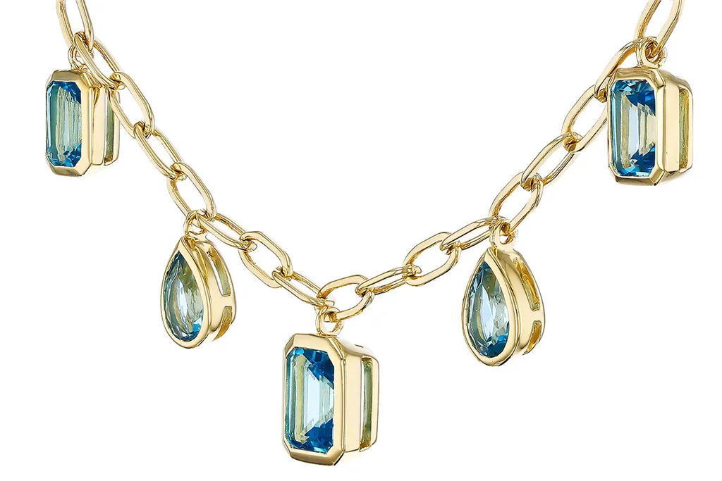 14K Yellow Gold Blue Topaz Dangle Paperclip Necklace