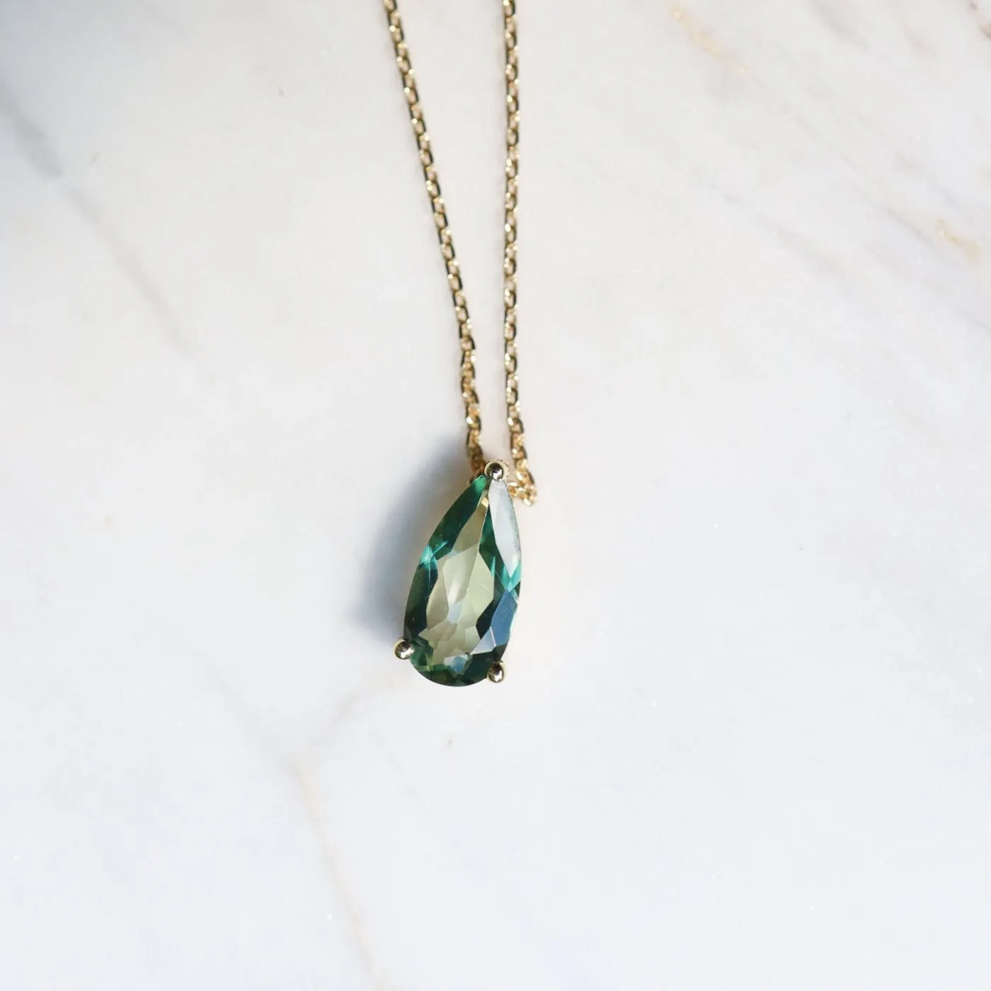 14k Yellow Gold Pear Shaped Green Envy Topaz Necklace