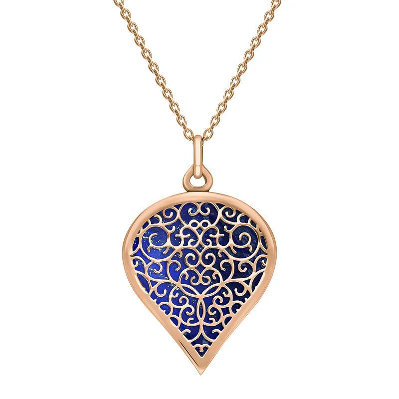 18ct Rose Gold Lapis Lazuli Flore Filigree Large Heart Necklace