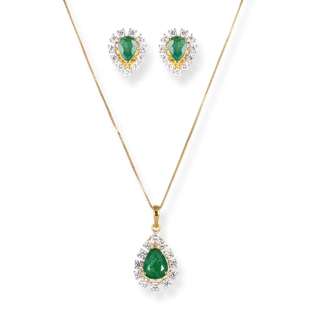 18ct Yellow Gold Diamond and Emerald Set (Pendant   Chain   Earrings) MCS7043 MCS7044