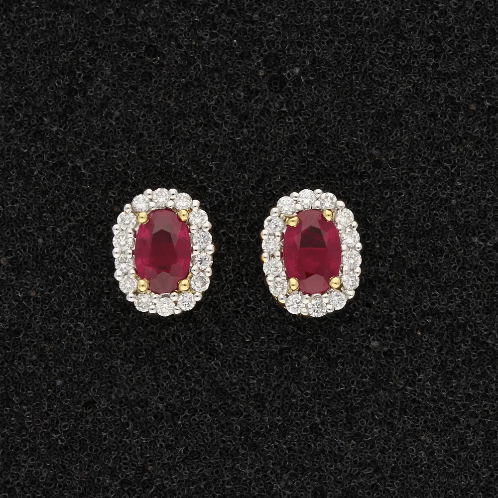 18ct Yellow Gold Oval Ruby & Diamond Cluster Earrings