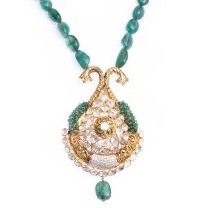 18ct Yellow Gold Polki Diamond and Emerald Necklace and Earrings Suite VPE-0818506