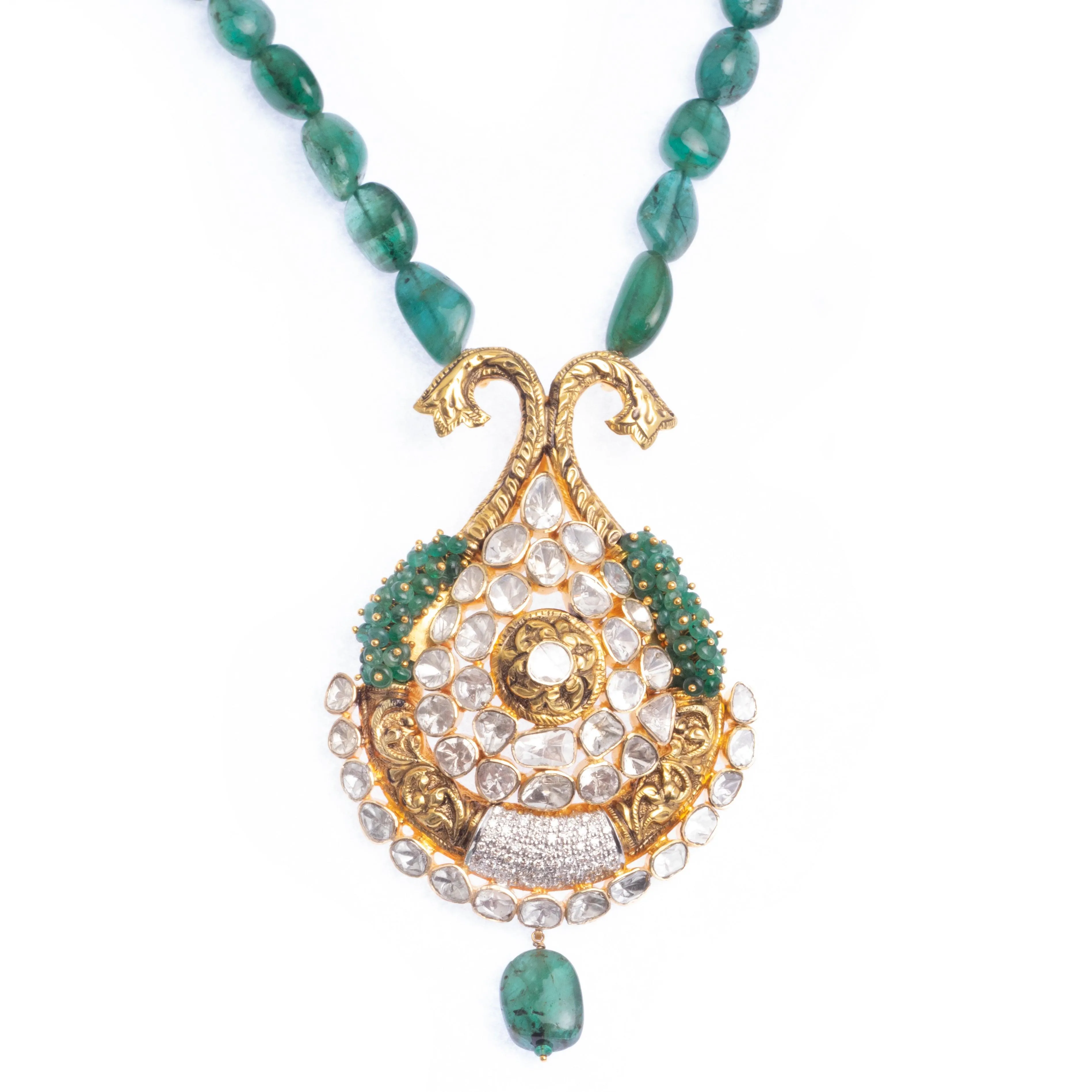 18ct Yellow Gold Polki Diamond and Emerald Necklace and Earrings Suite VPE-0818506