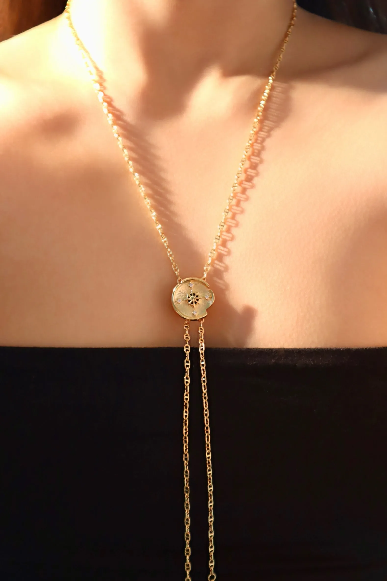 18K Real Gold Plated Pole Star Clock Lariat Necklace