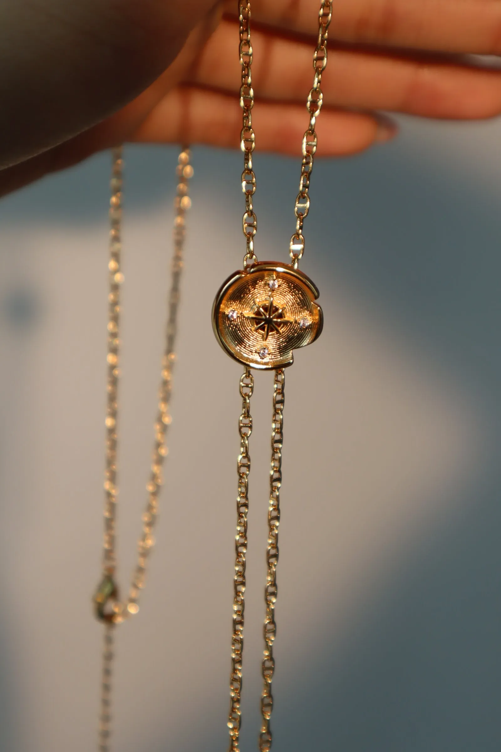 18K Real Gold Plated Pole Star Clock Lariat Necklace