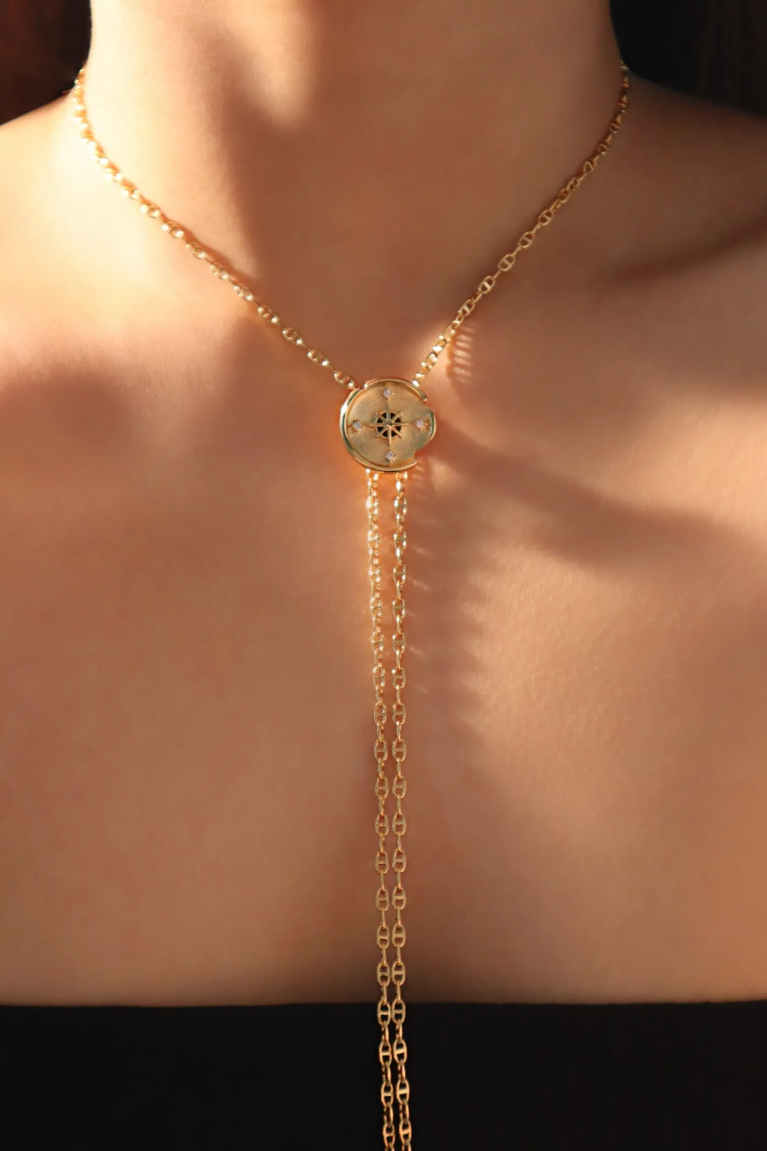 18K Real Gold Plated Pole Star Clock Lariat Necklace