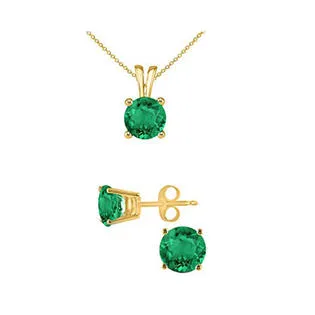 18K Yellow Gold 2ct Emerald Round 18 Inch Necklace and Earrings Set Plated