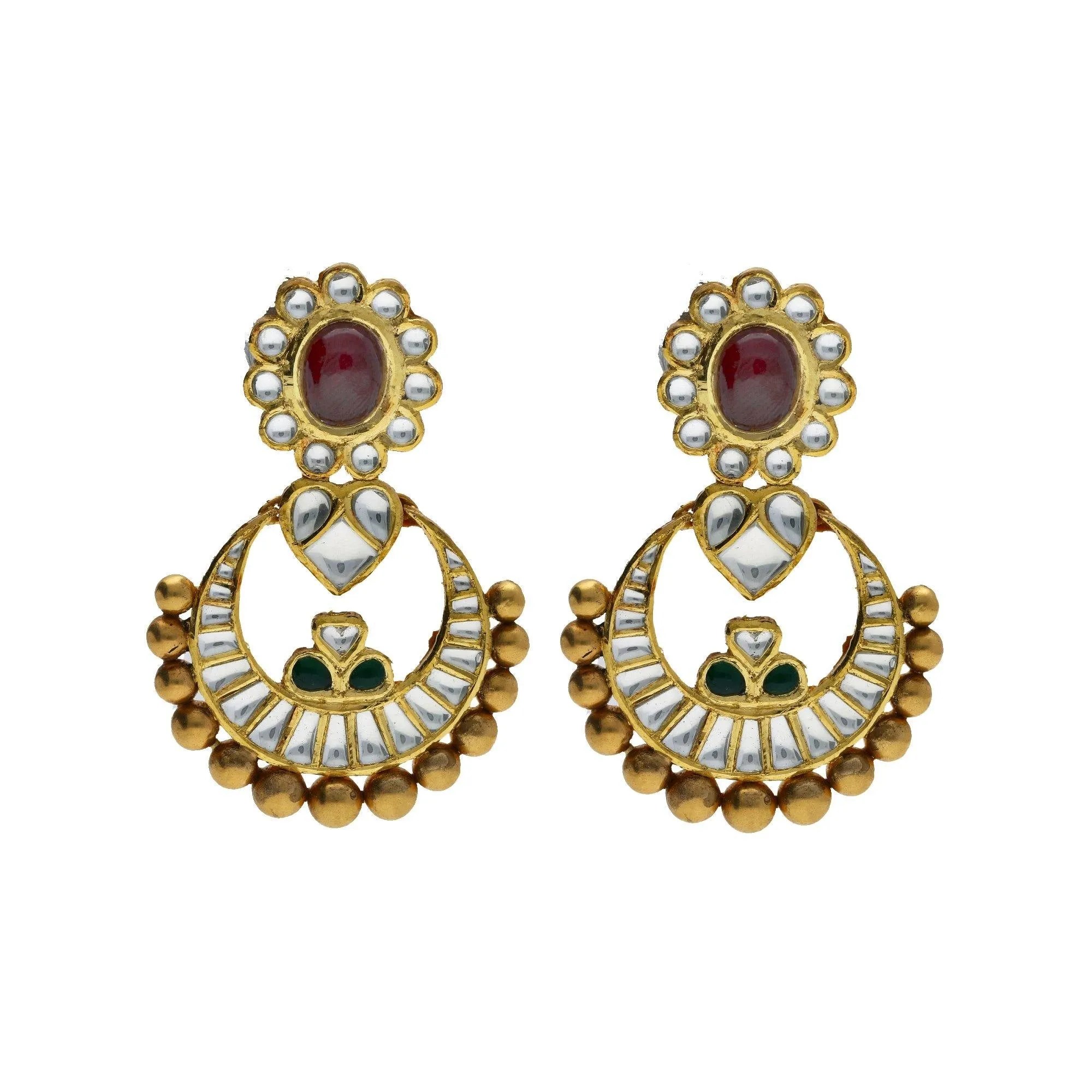 22K Yellow Antique Gold Chandbali Pendant & Earrings Set W/ Kundan, Rubies & Emeralds