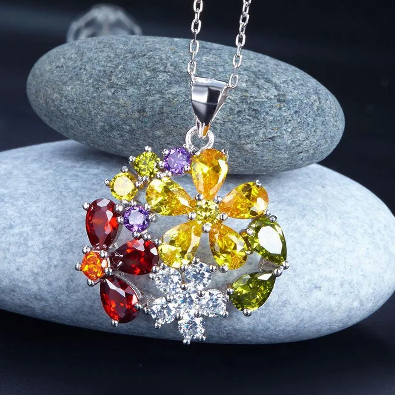 3.5 Carat Multi-Color Created Topaz Flower 925 Sterling Silver Pendant NecklaceMXFN8015