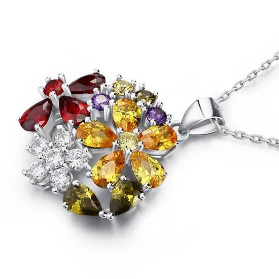 3.5 Carat Multi-Color Created Topaz Flower 925 Sterling Silver Pendant NecklaceMXFN8015