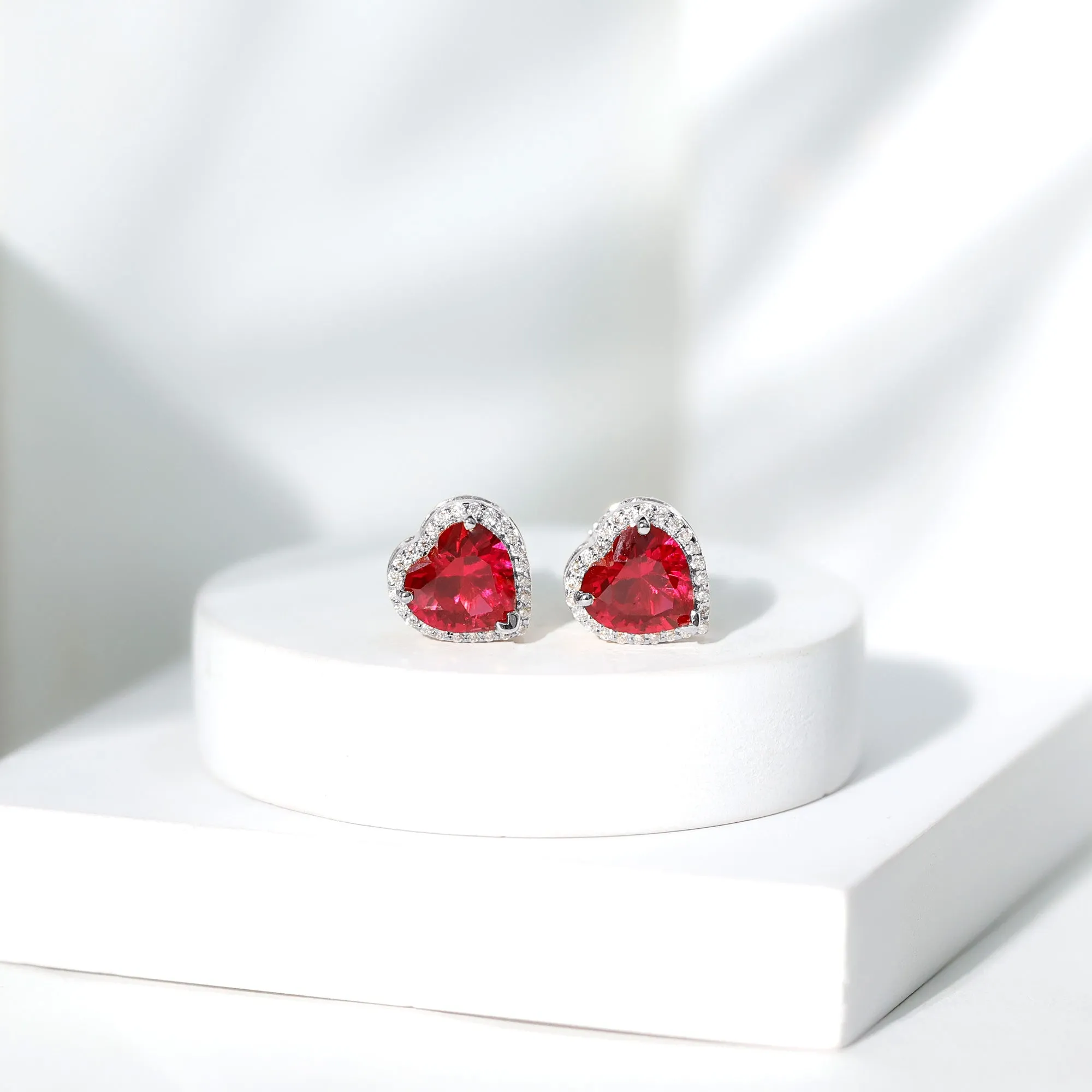 4.25 CT Heart Shape Created Ruby and Moissanite Stud Earrings