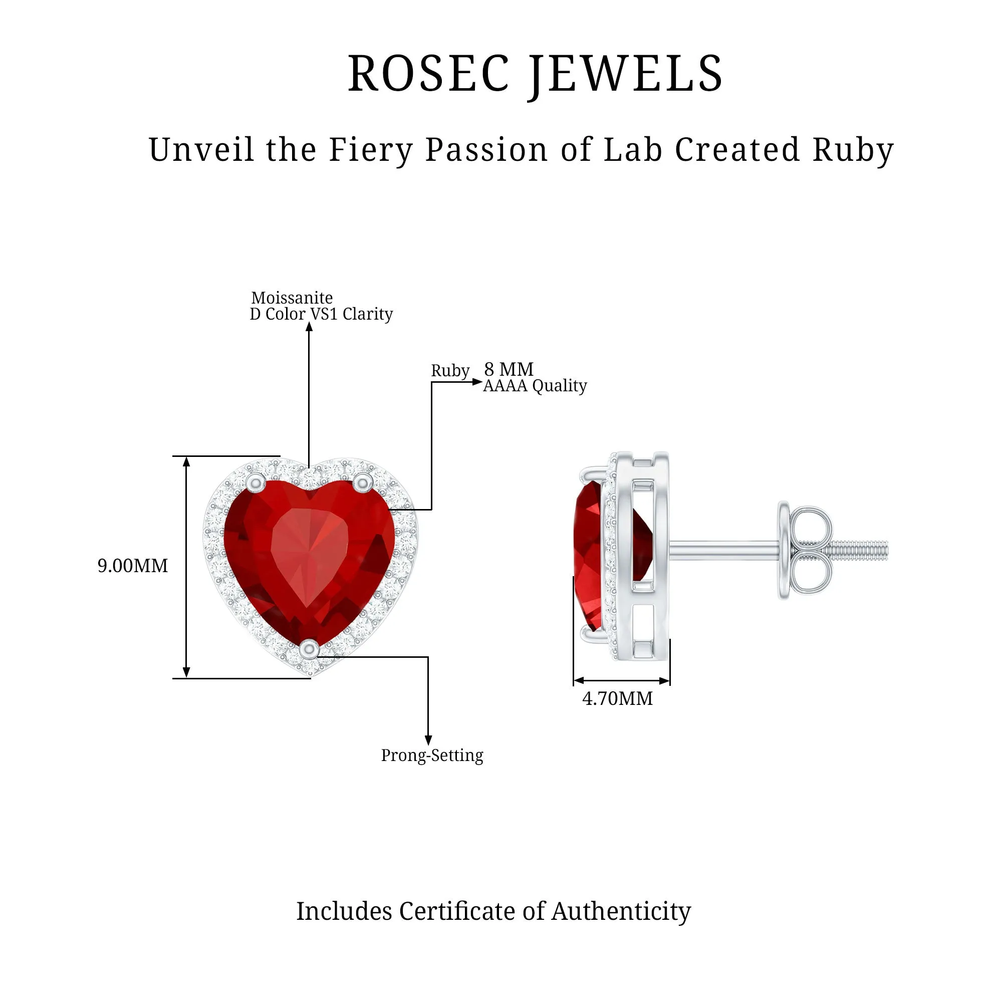 4.25 CT Heart Shape Created Ruby and Moissanite Stud Earrings