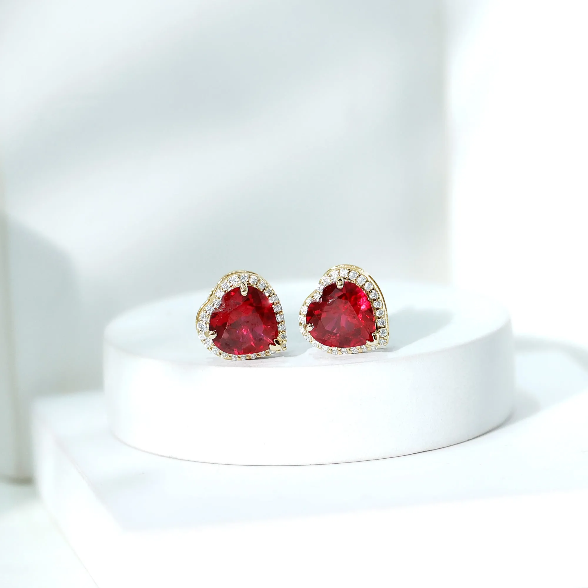 4.25 CT Heart Shape Created Ruby and Moissanite Stud Earrings