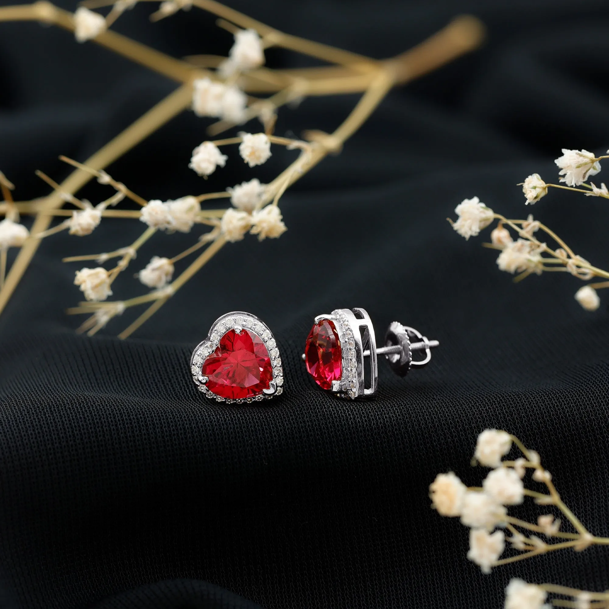 4.25 CT Heart Shape Created Ruby and Moissanite Stud Earrings