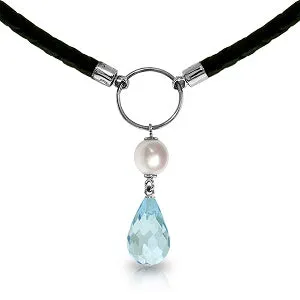 9 Carat 14K Solid White Gold Leather Necklace Pearl Blue Topaz