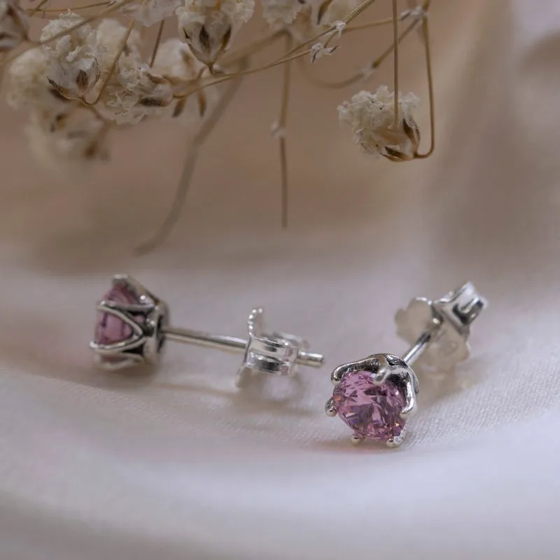 925 Silver Pink CZ Studs - Dec Birthstone, Handmade Gift