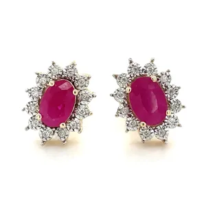 9ct Yellow Gold Earth Grown Oval Ruby and Cluster Halo Earrings