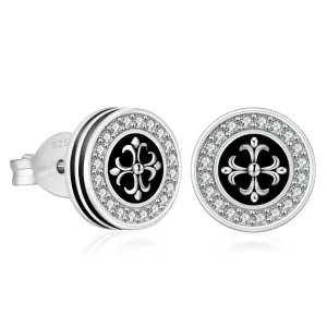 9mm Black Iced Diamond Stud Earrings - Cross Fleur-de-lis Lily flower