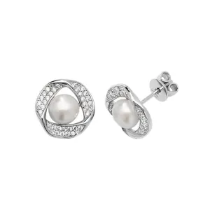 Acotis Silver Stud Earrings Zirconia & Pearl Rhodium G51178