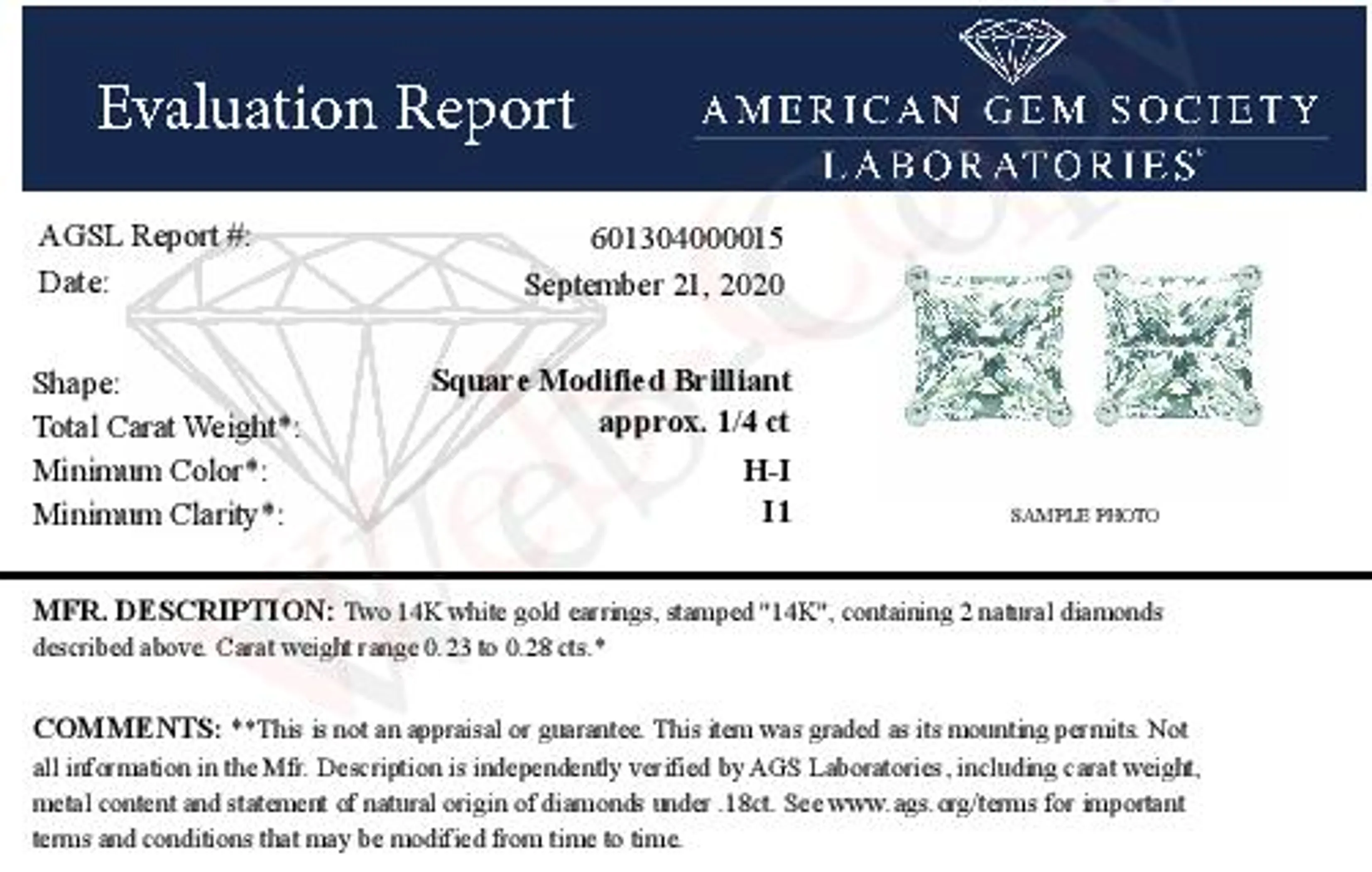 AGS Certified 1/4 Cttw Princess-Cut Square Diamond 4-Prong Solitaire Stud Earrings in 14K White Gold (H-I Color, I1-I2 Clarity)