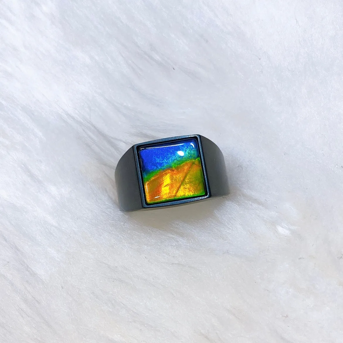 Ammolite Ring Matte Black Titanium MIDNIGHT Ring KORITE MEN'S COLLECTION