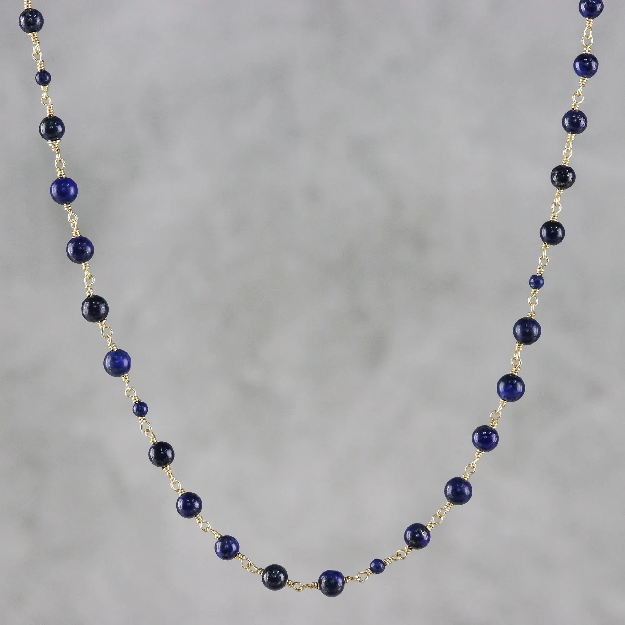 Andaman Sea Blue Lapis Lazuli and Brass Long Beaded Necklace