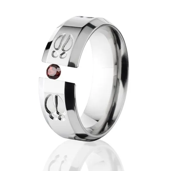 Animal Track Ring, Garnet Tension Set, 8mm Titanium Ring