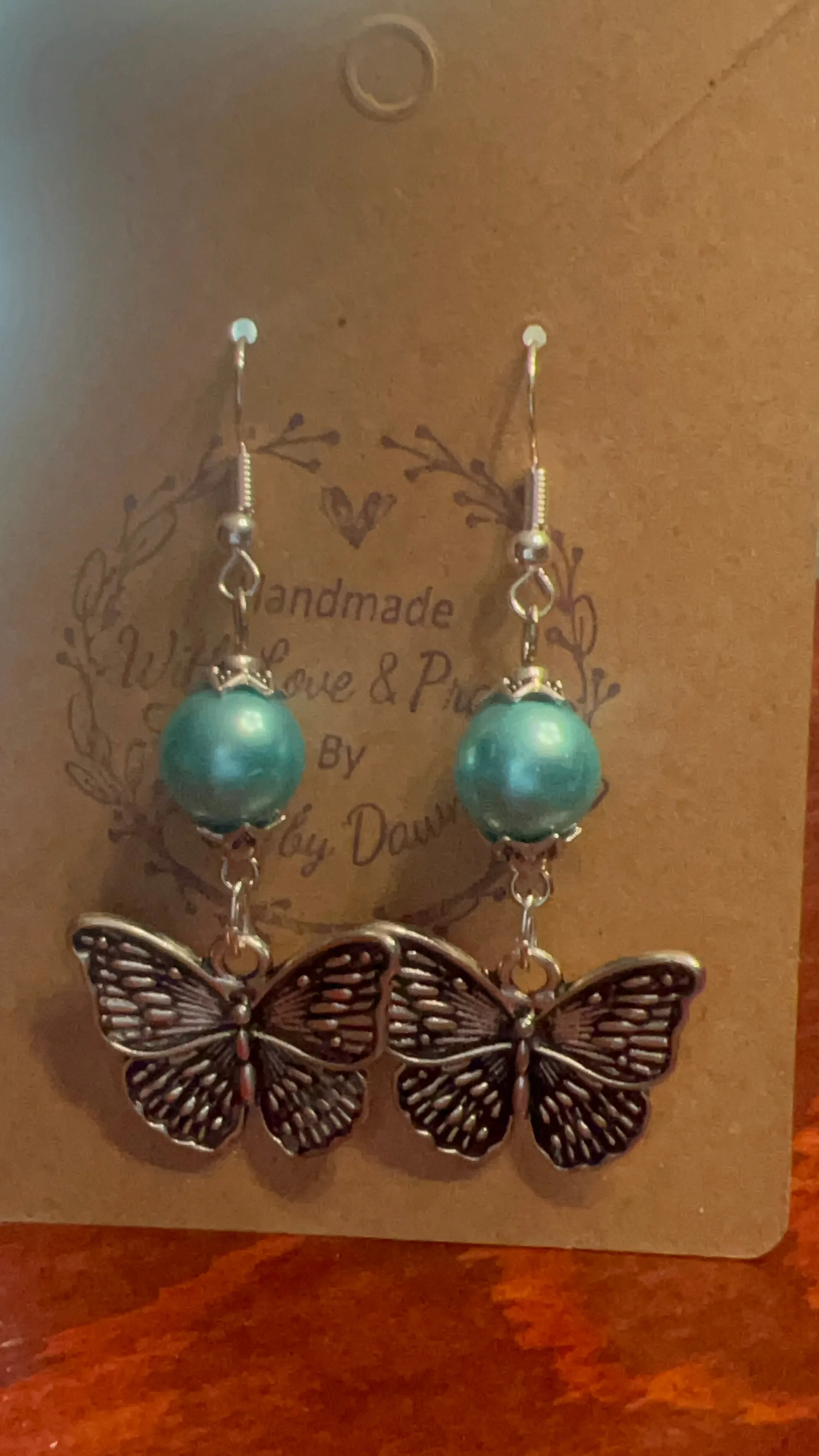 Antique Silver Butterfly and Blue Teal Pearl Earrings