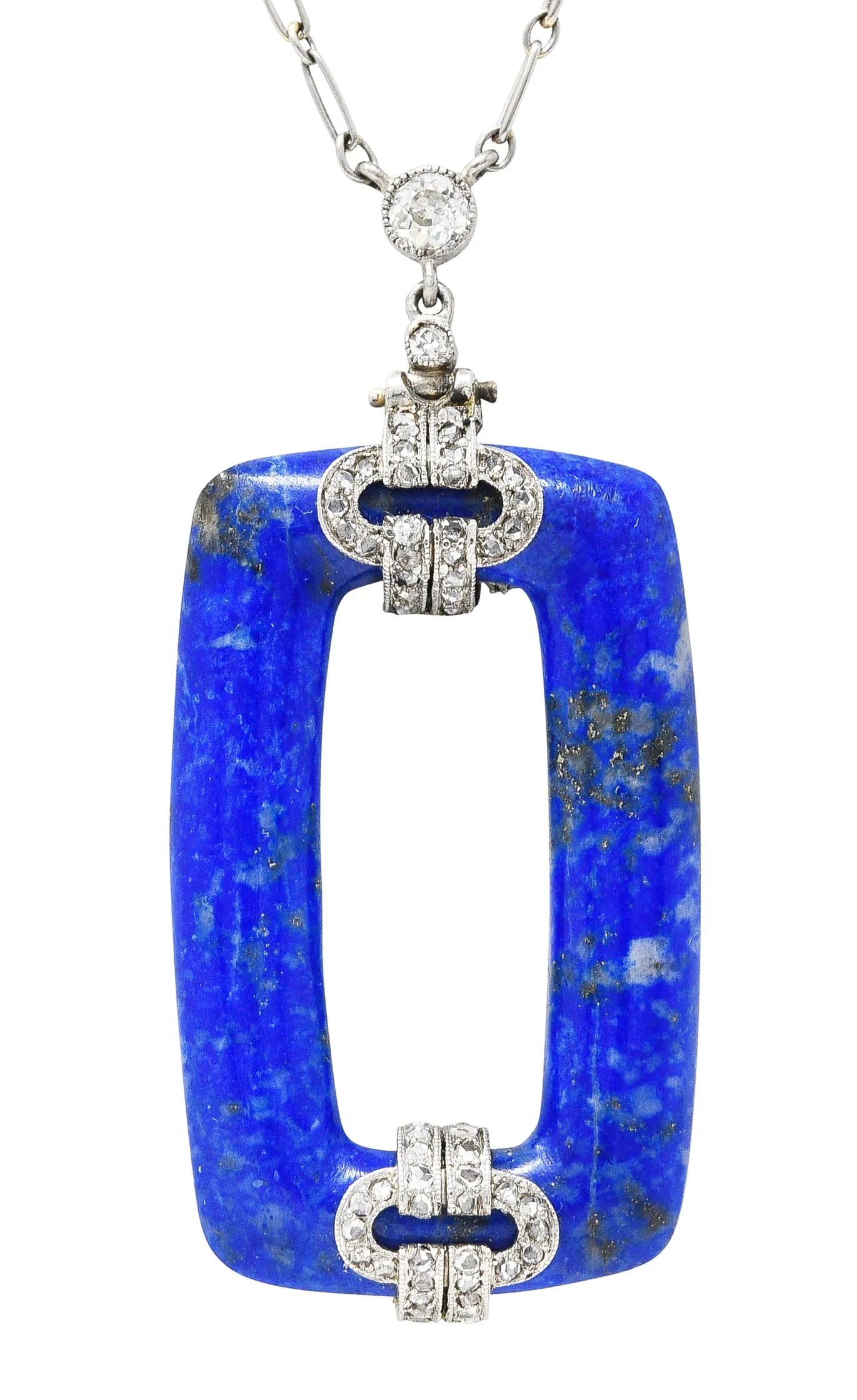 Art Deco 0.65 CTW Diamond Lapis Lazuli Platinum Cushion Drop Necklace