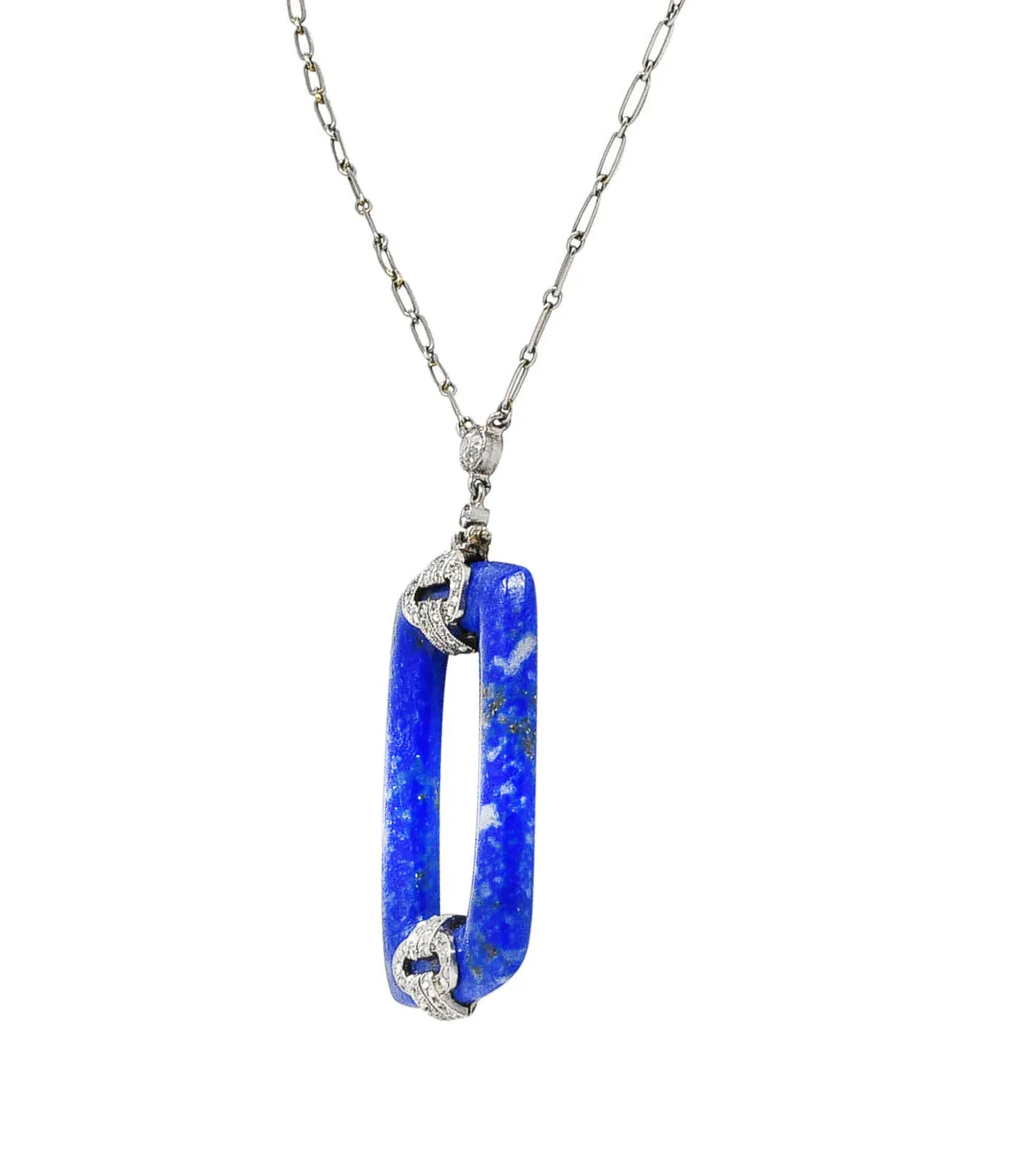 Art Deco 0.65 CTW Diamond Lapis Lazuli Platinum Cushion Drop Necklace