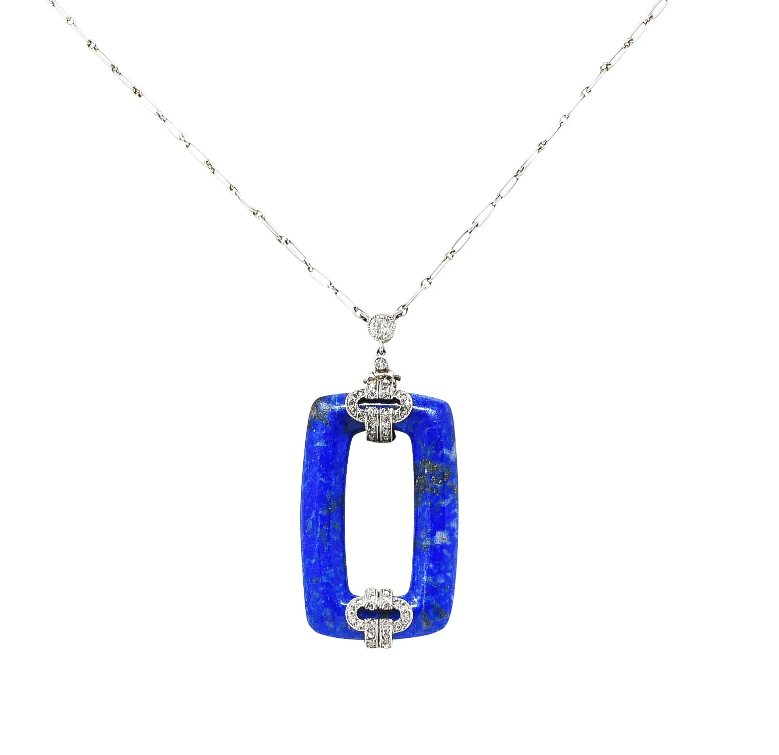 Art Deco 0.65 CTW Diamond Lapis Lazuli Platinum Cushion Drop Necklace