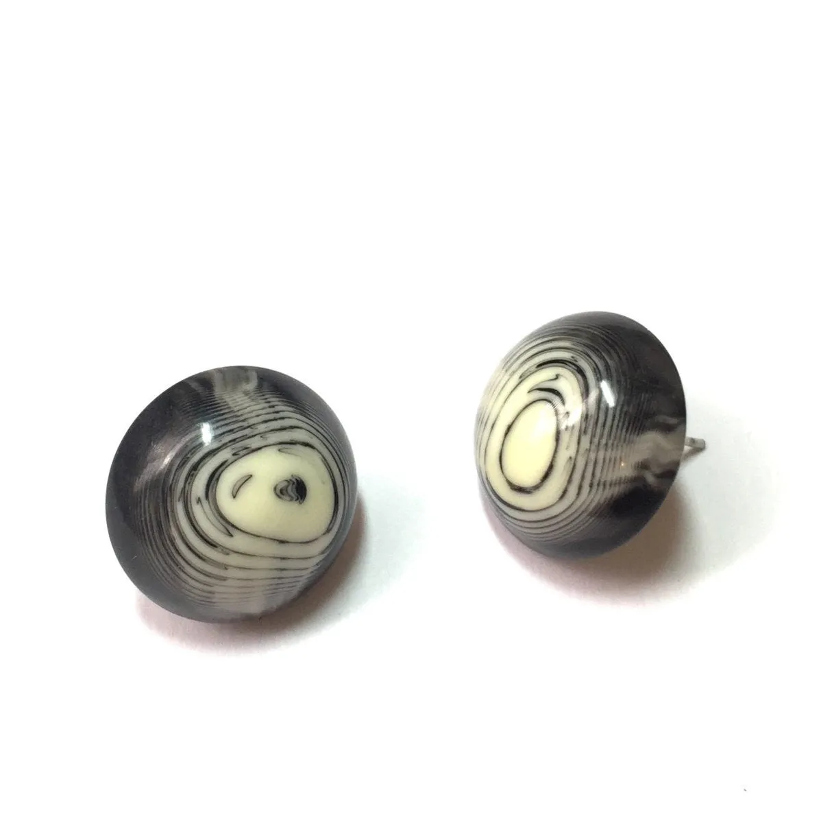 Black and Cream Agate Retro Button Stud Earrings