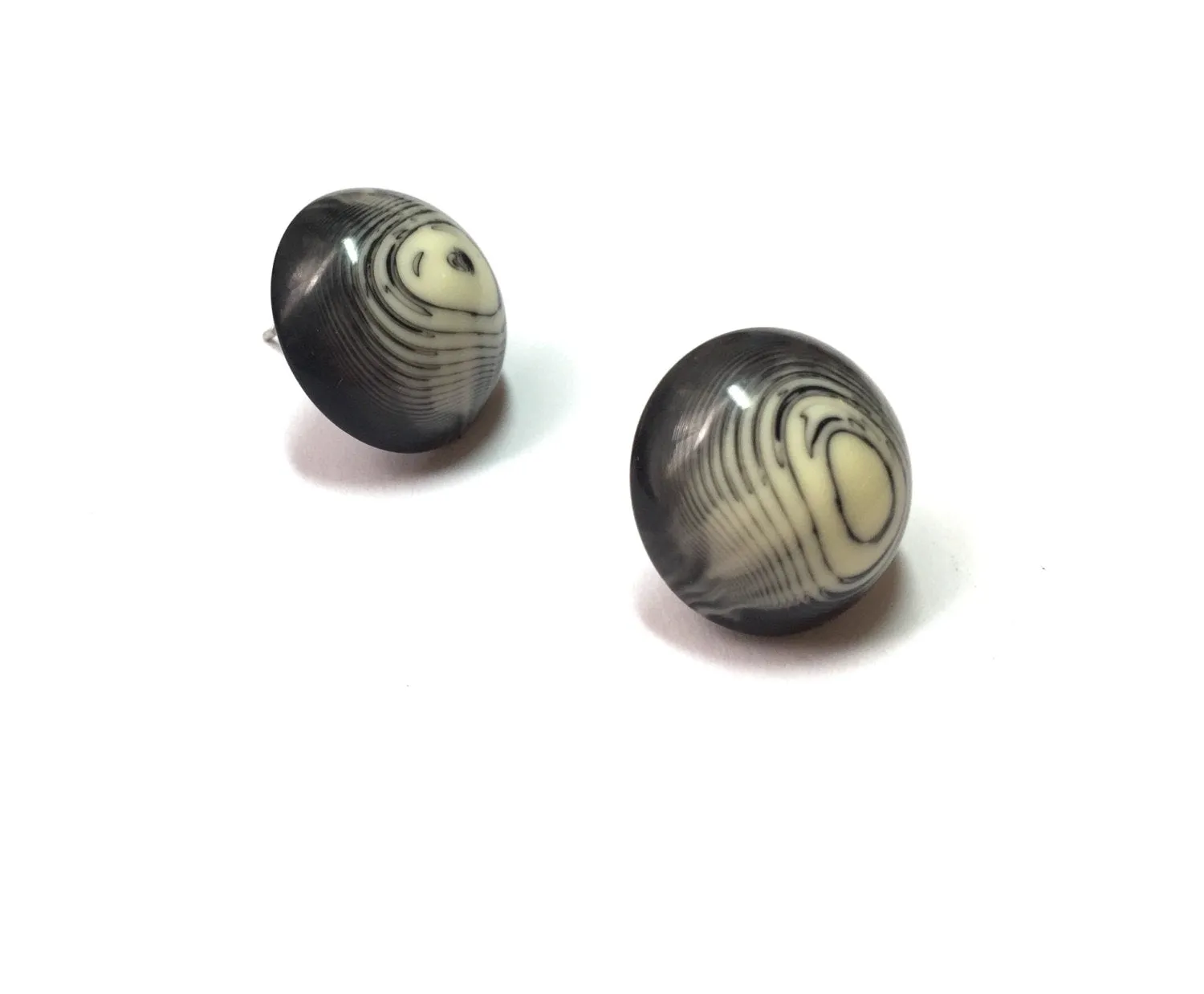 Black and Cream Agate Retro Button Stud Earrings