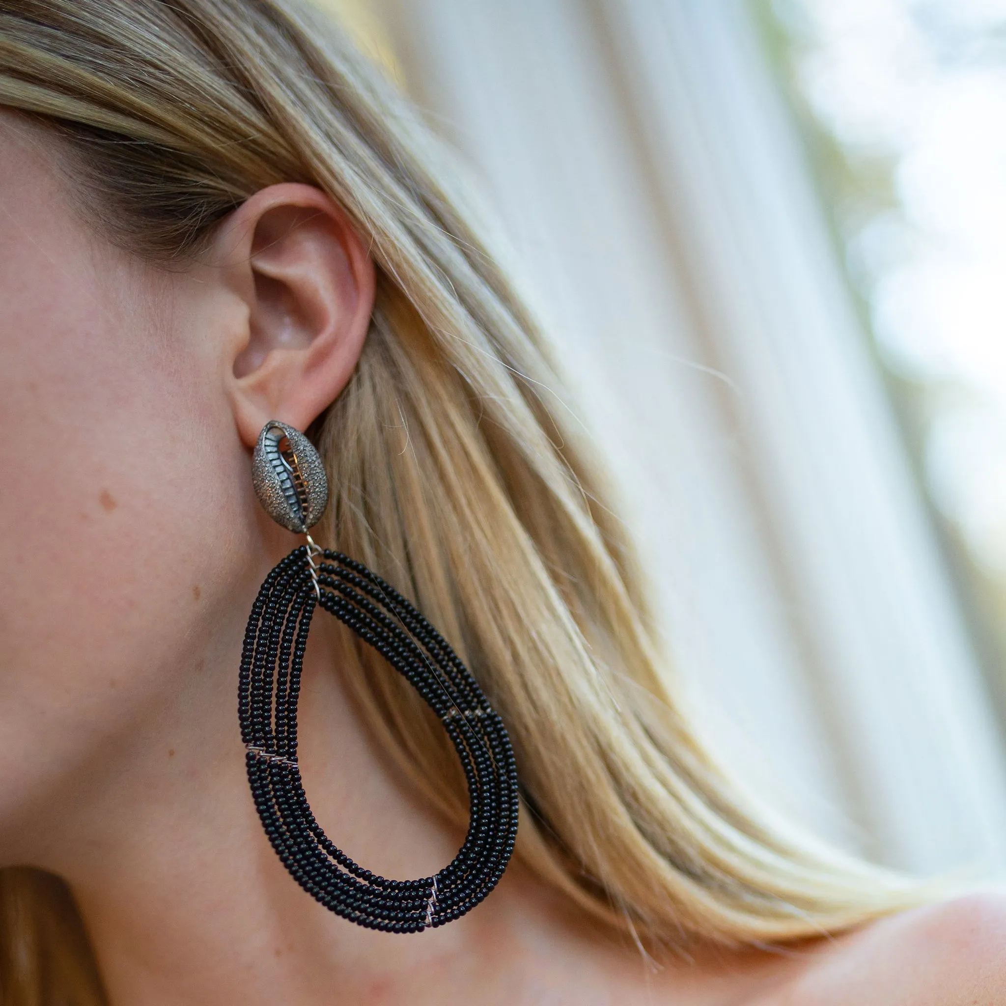 Black Beaded Cowrie Stud Earrings